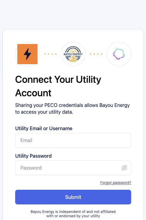 Bayou Energy PECO connection screen asking for utility credentials