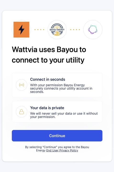 Bayou Energy welcome screen showing the Wattvia mark and Bayou Energy logo